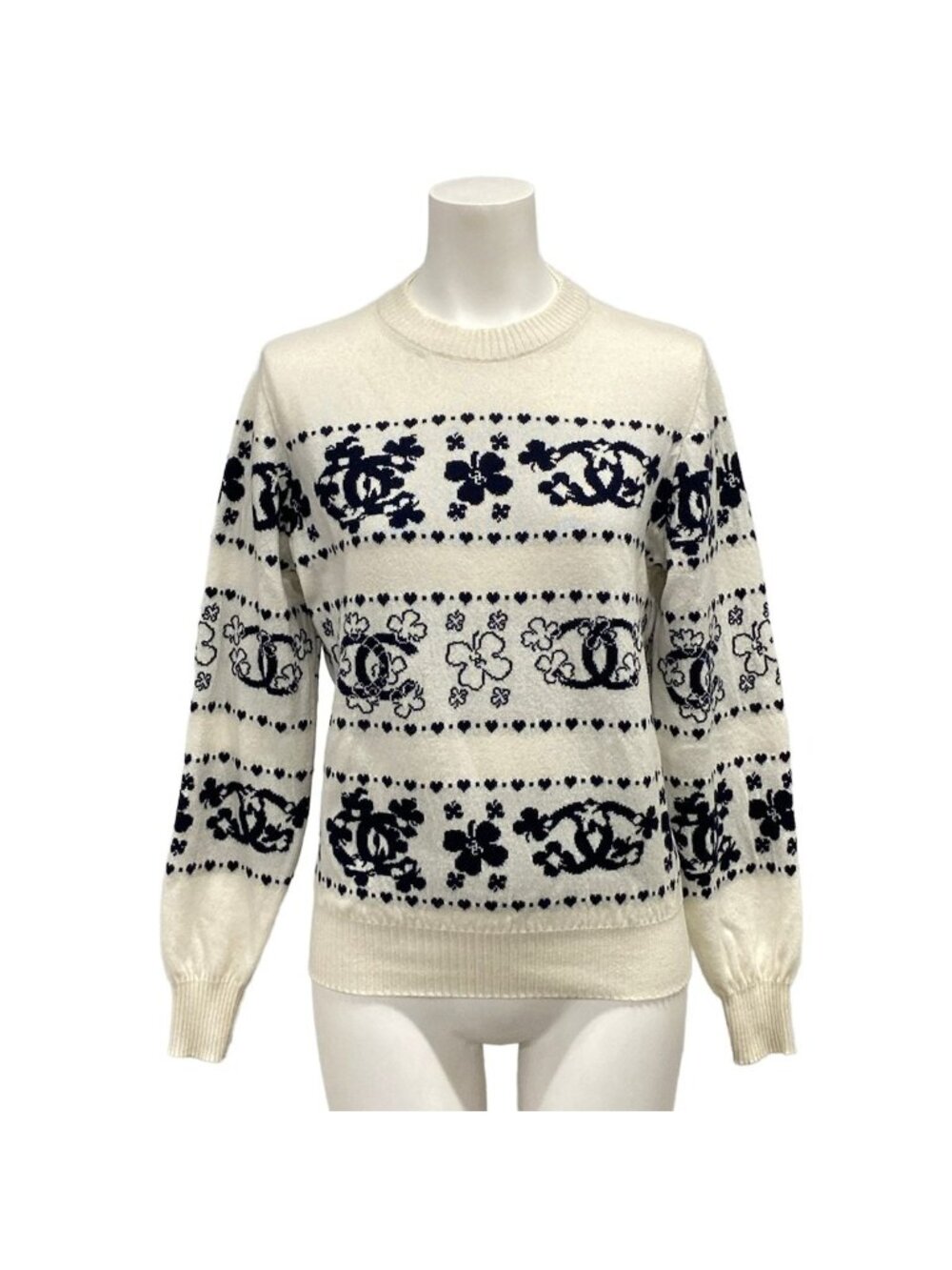 Chanel Long Sleeve Sweater Ivory Dark Navy CC Logo Camellia Cashmere Cotton